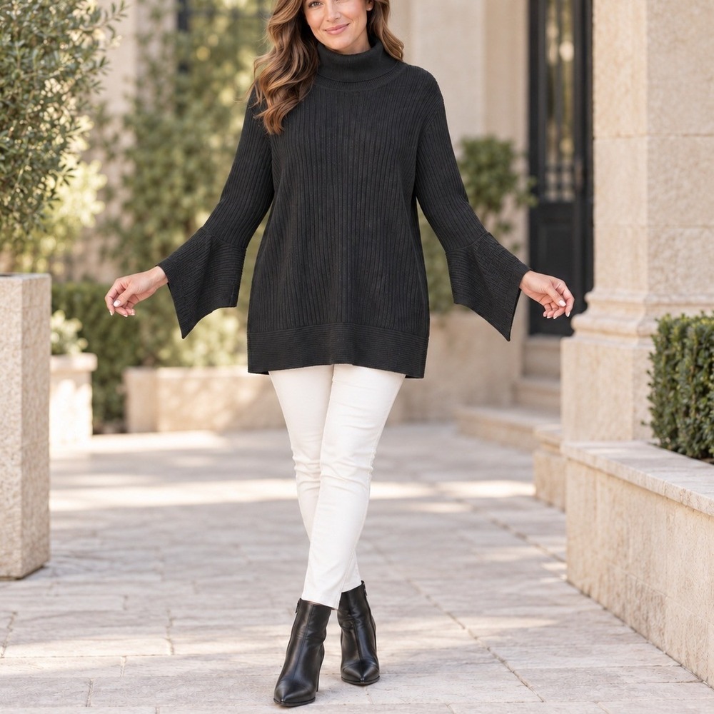 NEW DG2 Diane Gilman Black Ribbed Turtle Neck Bell Sleeve Sweater Plus Size 2X